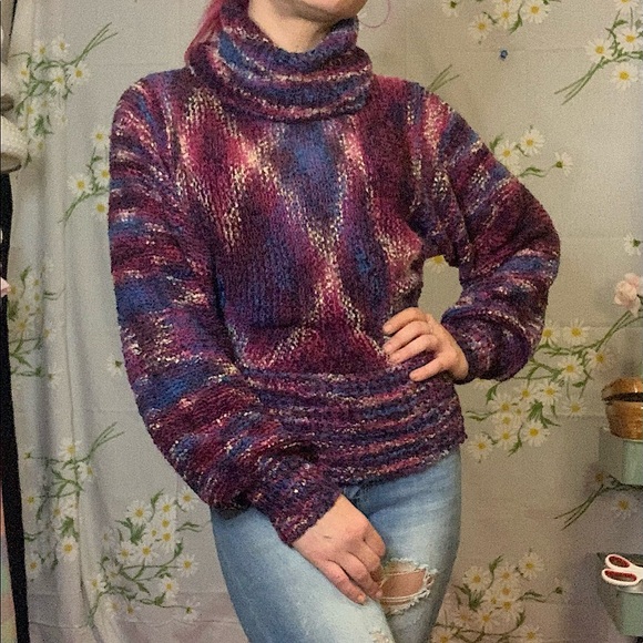 Vintage Sweaters - Vintage 70s blue purple jewel tone southwestern argyle balloon sleeve sweater